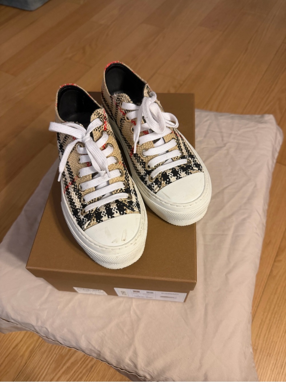 Burberry Tweed Low-Top Sneakers in Black, Cream & Red Accent